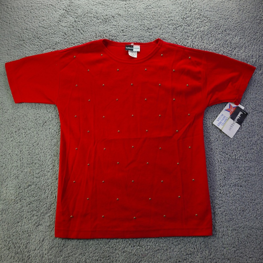 Beldoch Popper Vintage Red Studded Short Sleeve Top USA Made Small NWT